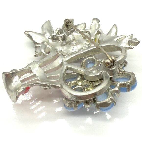 Vintage 1940's CORO Blue Glass Cabochons Enamel Rhinestone Flower Basket Brooch - Picture 8 of 10